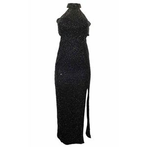 Vintage Cache Maxi Evening Dress Silk Beaded Cut Out Back Sleeveless She…